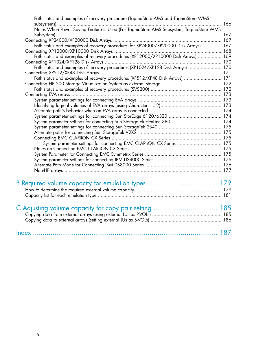 B required volume capacity for emulation types, C adjusting volume capacity for copy pair setting, Index | HP StorageWorks XP Remote Web Console Software User Manual | Page 6 / 192