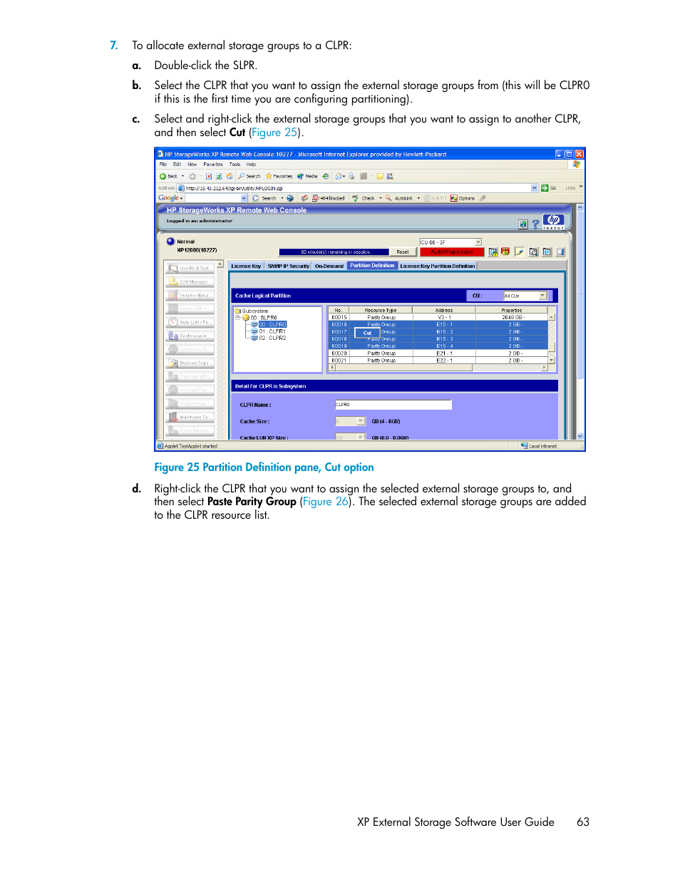 Partition definition pane, cut option | HP StorageWorks XP Remote Web Console Software User Manual | Page 63 / 192