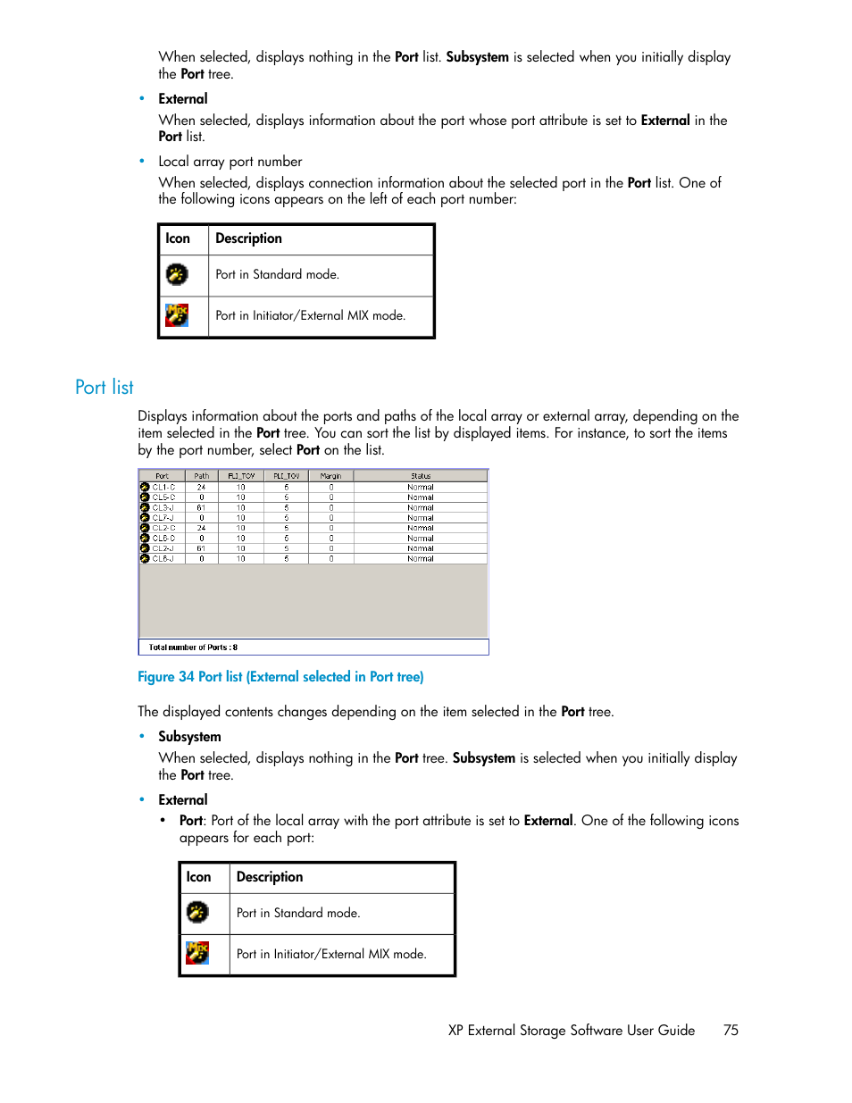 Port list, Port list (external selected in port tree) | HP StorageWorks XP Remote Web Console Software User Manual | Page 75 / 192