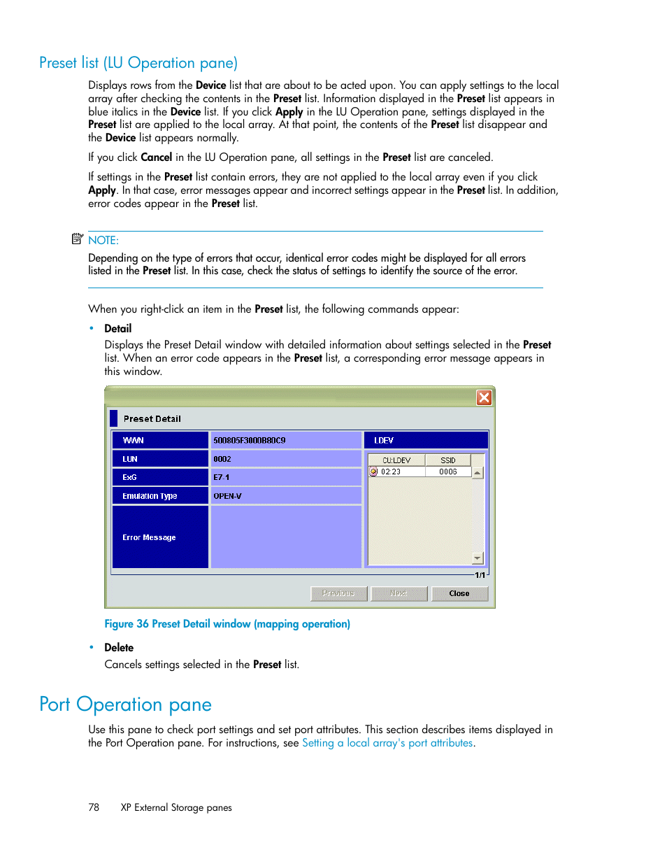 Preset list (lu operation pane), Port operation pane, Preset detail window (mapping operation) | HP StorageWorks XP Remote Web Console Software User Manual | Page 78 / 192