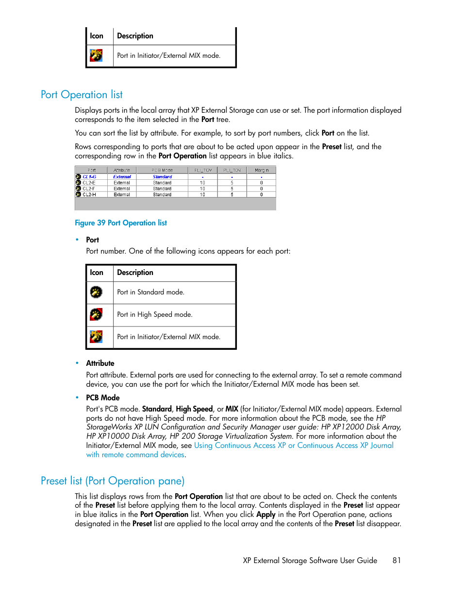 Port operation list, Preset list (port operation pane), 81 preset list (port operation pane) | HP StorageWorks XP Remote Web Console Software User Manual | Page 81 / 192