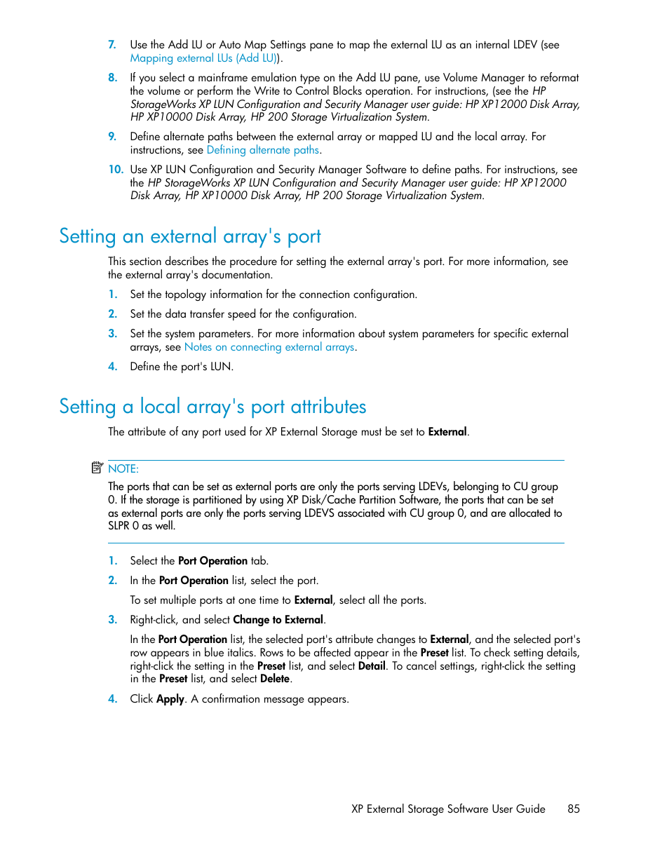 Setting an external array's port, Setting a local array's port attributes, 85 setting a local array's port attributes | Setting a local, Array's port attributes, Setting a local array's port, Attributes | HP StorageWorks XP Remote Web Console Software User Manual | Page 85 / 192
