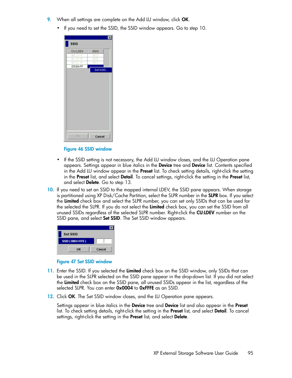 Ssid window, Set ssid window, Figure 46 | Figure 47 | HP StorageWorks XP Remote Web Console Software User Manual | Page 95 / 192