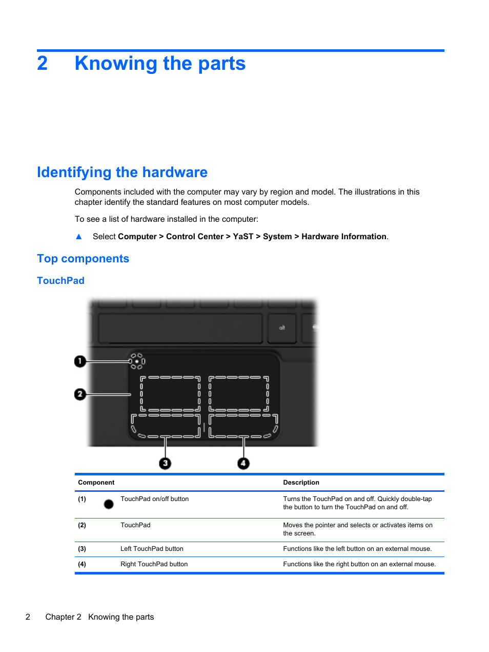 Knowing the parts, Identifying the hardware, Top components | Touchpad, 2 knowing the parts, 2knowing the parts | HP Mini 2102 User Manual | Page 10 / 74