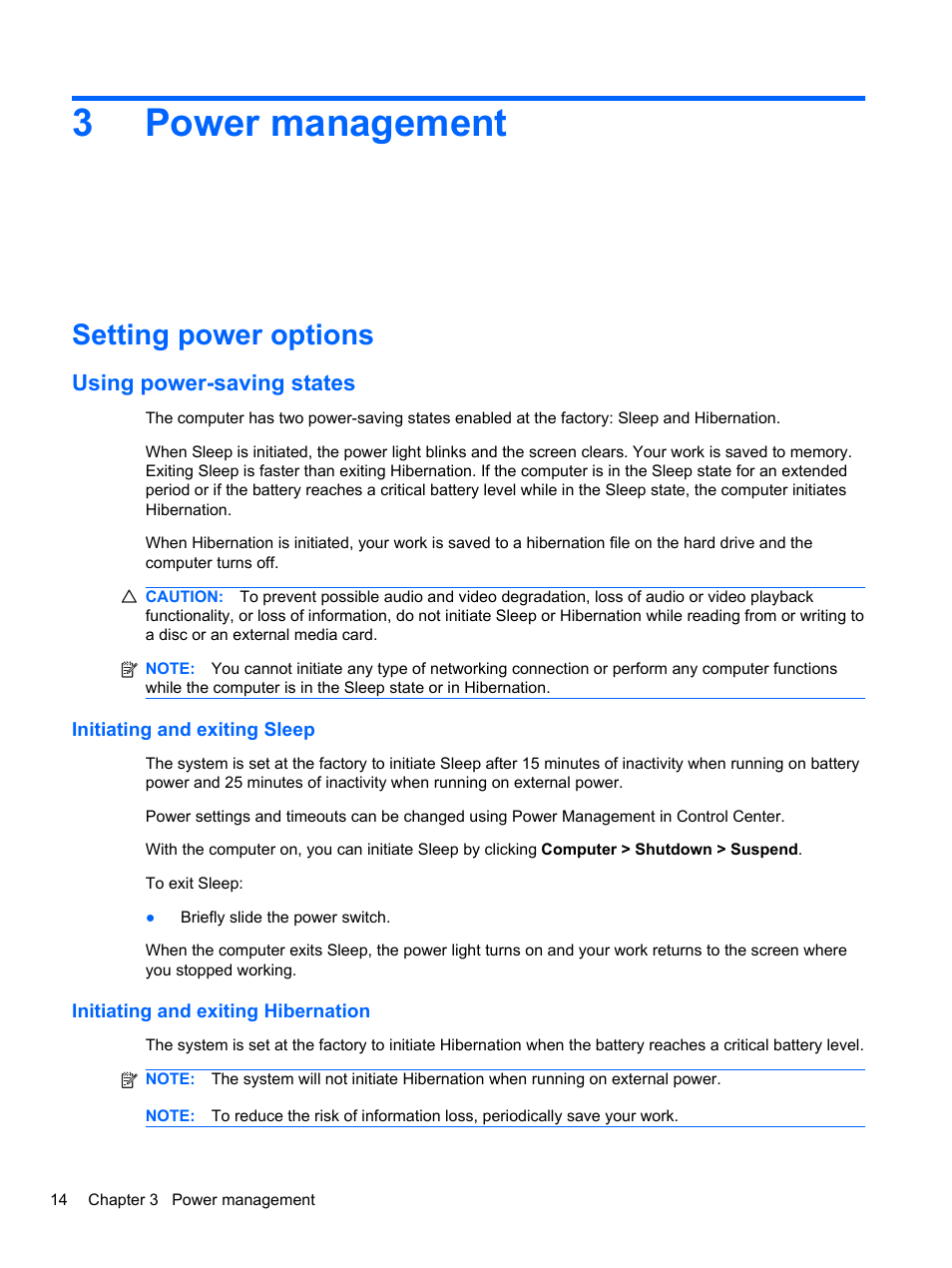 Power management, Setting power options, Using power-saving states | Initiating and exiting sleep, Initiating and exiting hibernation, 3 power management, 3power management | HP Mini 2102 User Manual | Page 22 / 74