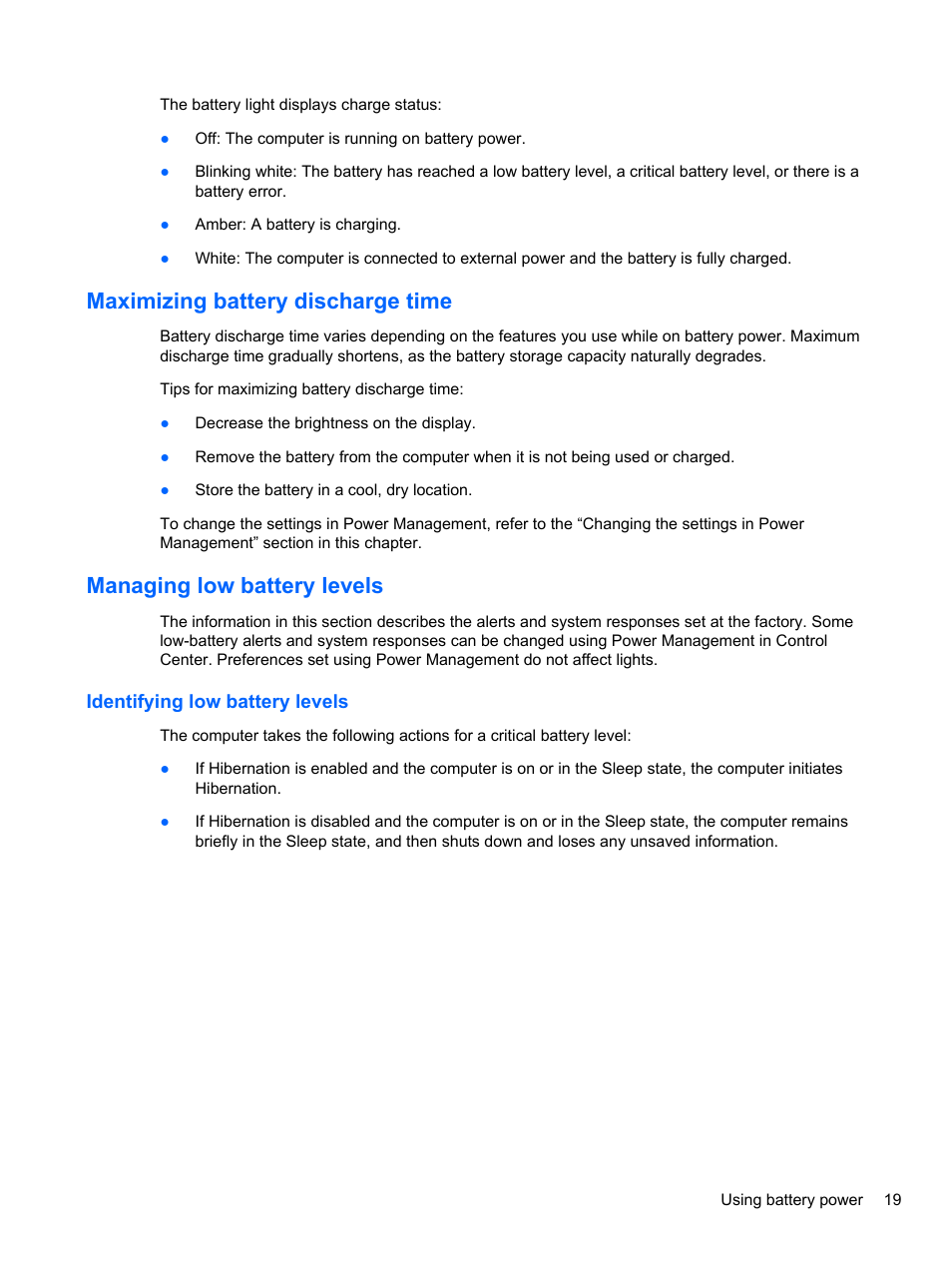 Maximizing battery discharge time, Managing low battery levels, Identifying low battery levels | HP Mini 2102 User Manual | Page 27 / 74