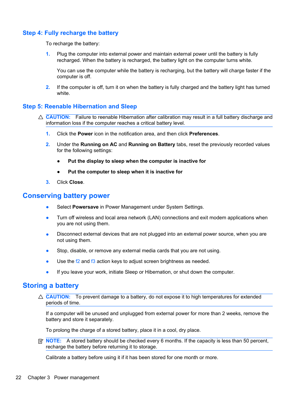 Step 4: fully recharge the battery, Step 5: reenable hibernation and sleep, Conserving battery power | Storing a battery, Conserving battery power storing a battery | HP Mini 2102 User Manual | Page 30 / 74