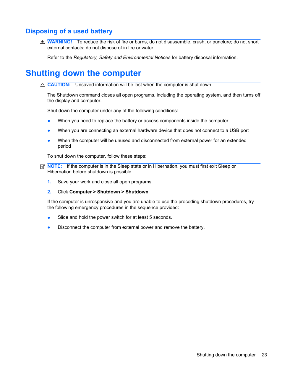 Disposing of a used battery, Shutting down the computer | HP Mini 2102 User Manual | Page 31 / 74