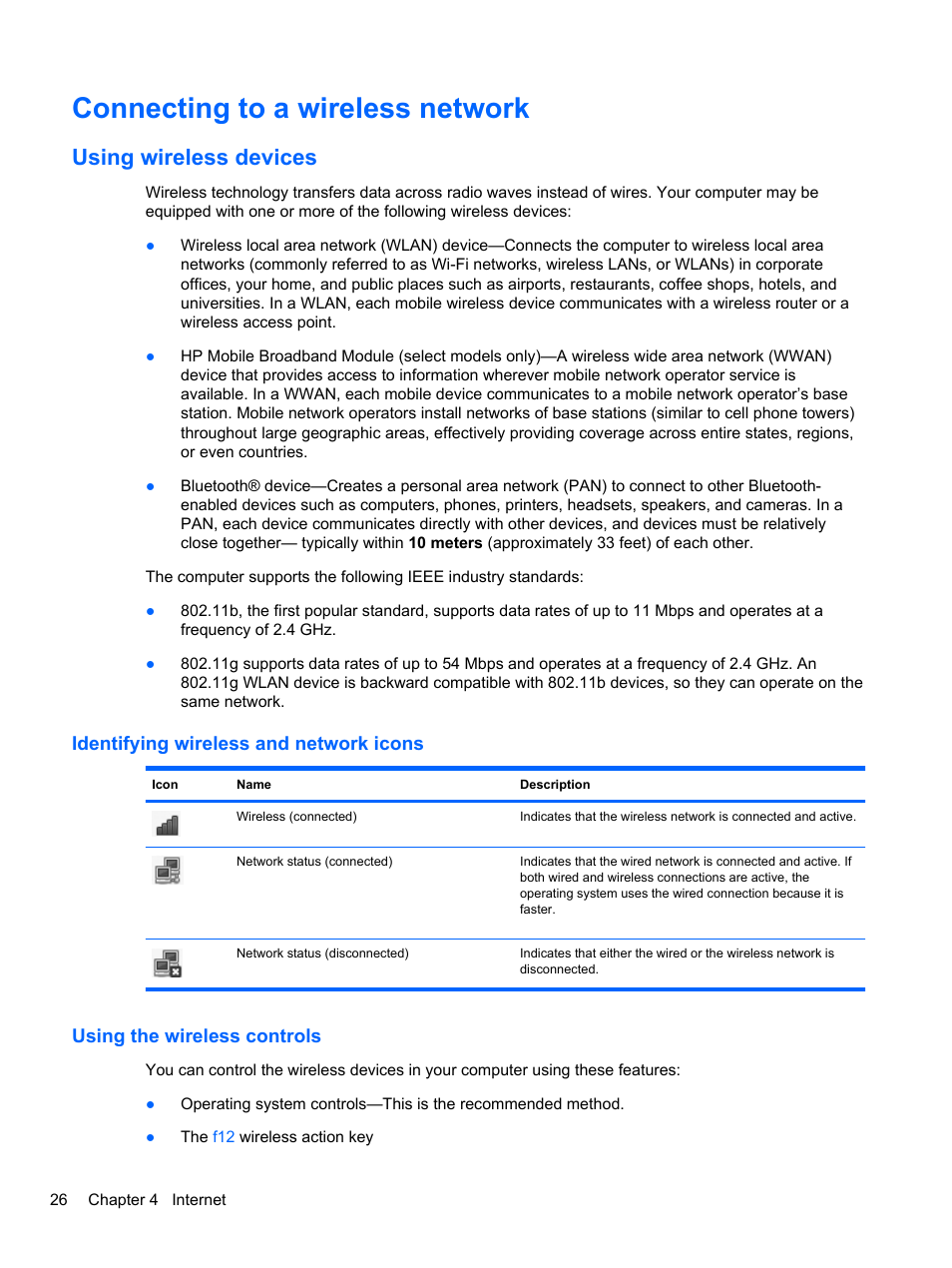 Connecting to a wireless network, Using wireless devices, Identifying wireless and network icons | Using the wireless controls | HP Mini 2102 User Manual | Page 34 / 74