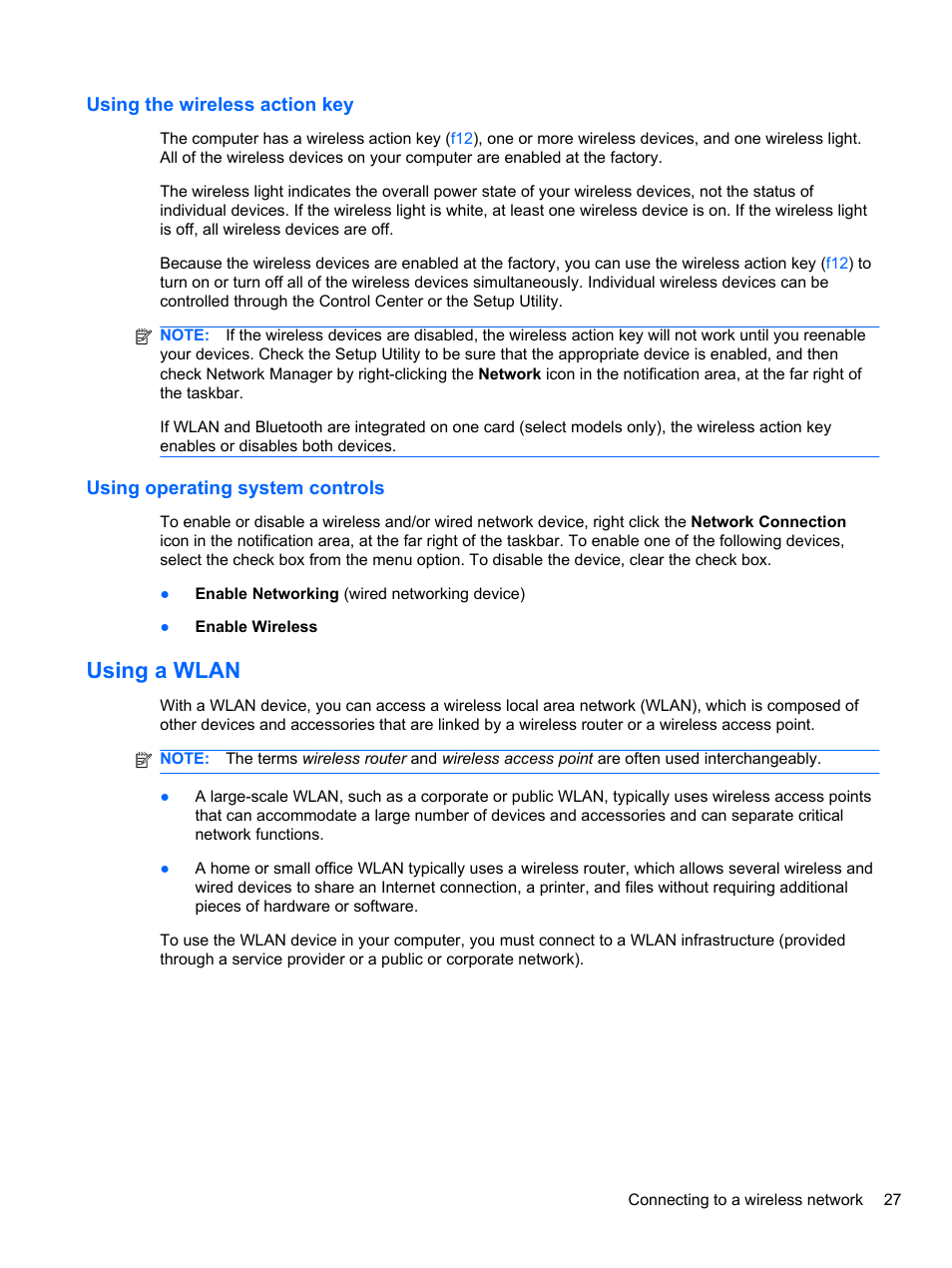 Using the wireless action key, Using operating system controls, Using a wlan | HP Mini 2102 User Manual | Page 35 / 74