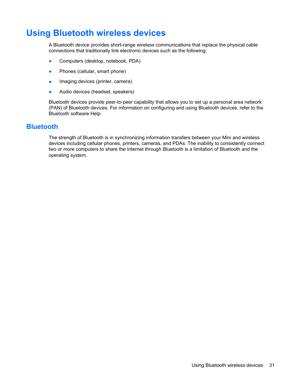 Using bluetooth wireless devices, Bluetooth | HP Mini 2102 User Manual | Page 39 / 74