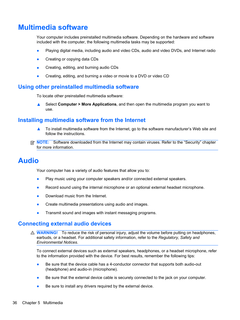 Multimedia software, Using other preinstalled multimedia software, Installing multimedia software from the internet | Audio, Connecting external audio devices | HP Mini 2102 User Manual | Page 44 / 74