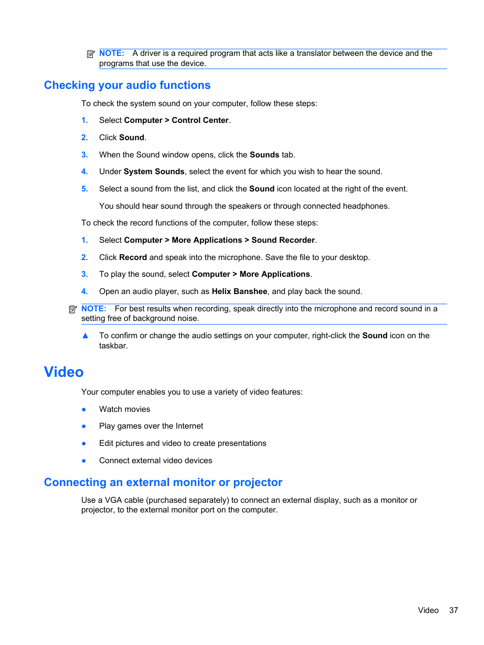 Checking your audio functions, Video, Connecting an external monitor or projector | HP Mini 2102 User Manual | Page 45 / 74