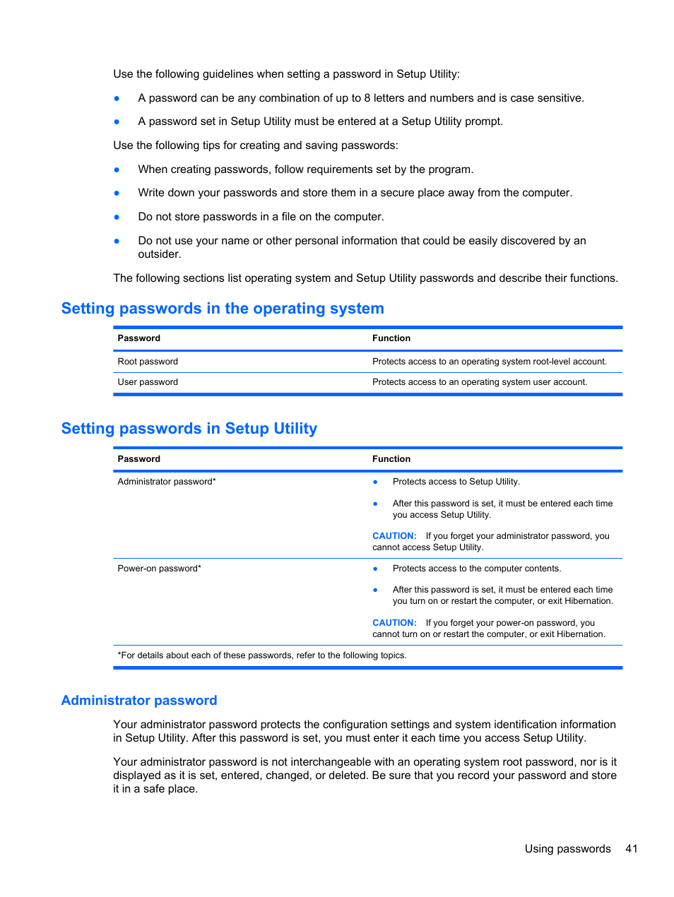 Setting passwords in the operating system, Setting passwords in setup utility, Administrator password | HP Mini 2102 User Manual | Page 49 / 74