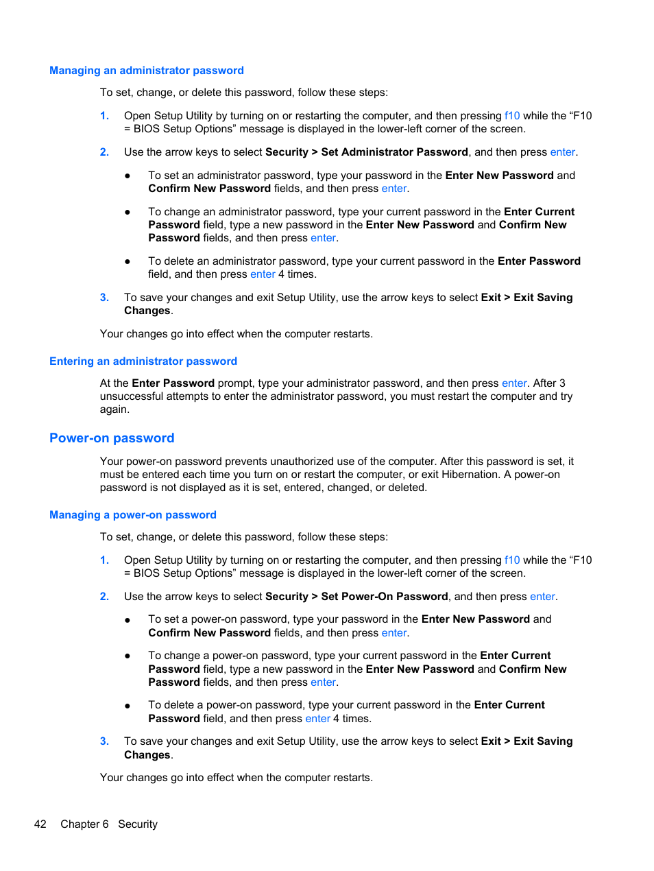 Managing an administrator password, Entering an administrator password, Power-on password | Managing a power-on password | HP Mini 2102 User Manual | Page 50 / 74