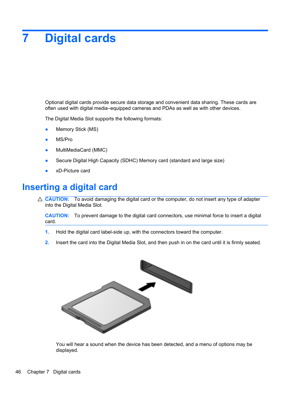 Digital cards, Inserting a digital card, 7 digital cards | 7digital cards | HP Mini 2102 User Manual | Page 54 / 74