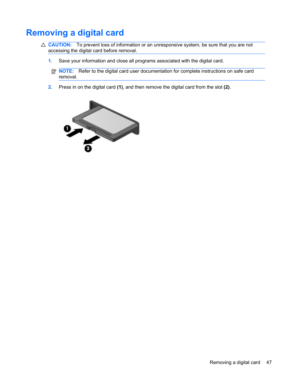 Removing a digital card | HP Mini 2102 User Manual | Page 55 / 74