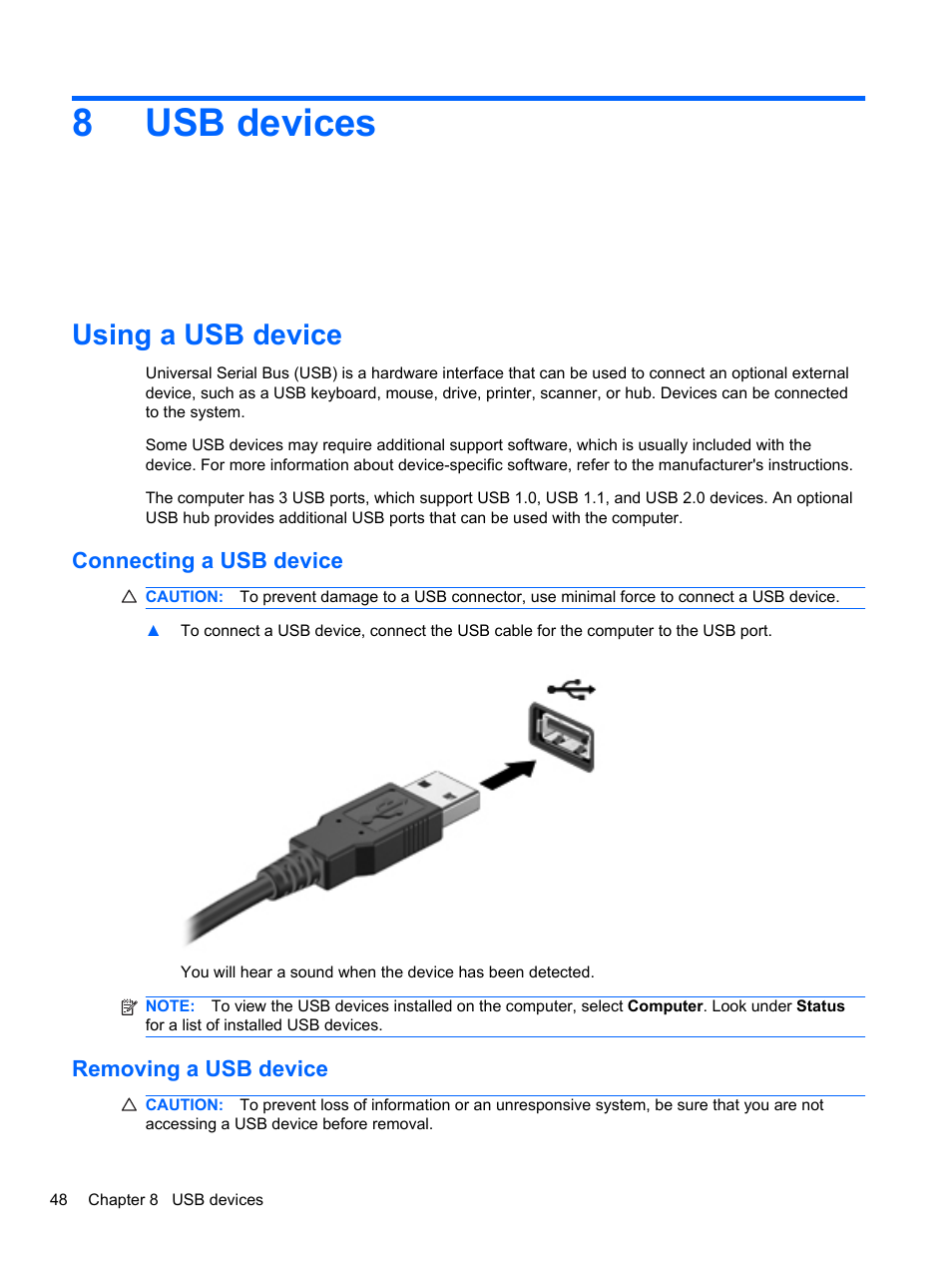 Usb devices, Using a usb device, Connecting a usb device | Removing a usb device, 8 usb devices, Connecting a usb device removing a usb device, 8usb devices | HP Mini 2102 User Manual | Page 56 / 74