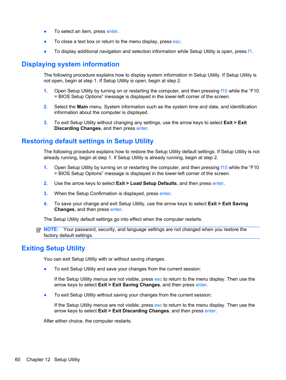 Displaying system information, Restoring default settings in setup utility, Exiting setup utility | HP Mini 2102 User Manual | Page 68 / 74