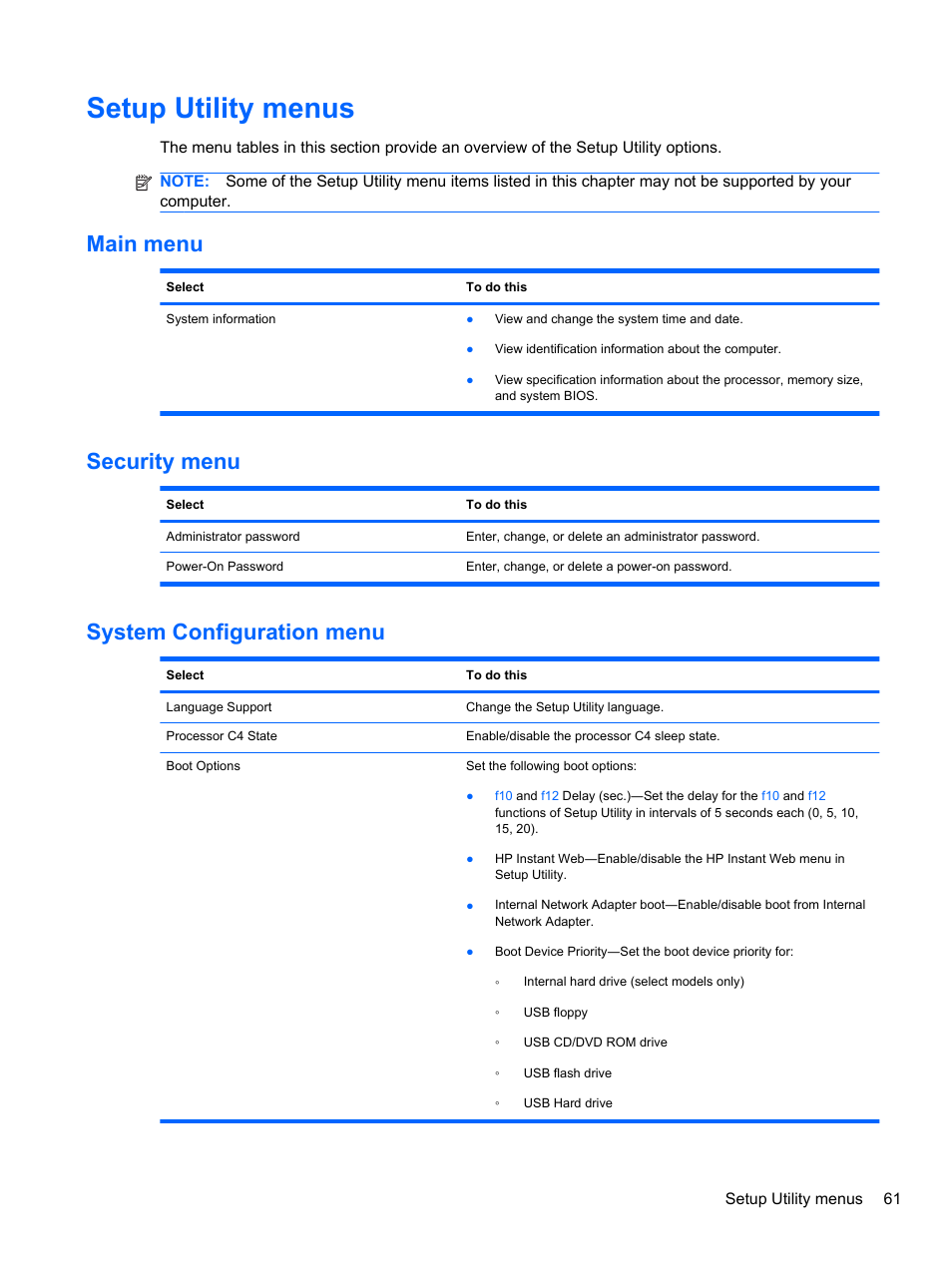 Setup utility menus, Main menu, Security menu | System configuration menu, Main menu security menu system configuration menu | HP Mini 2102 User Manual | Page 69 / 74