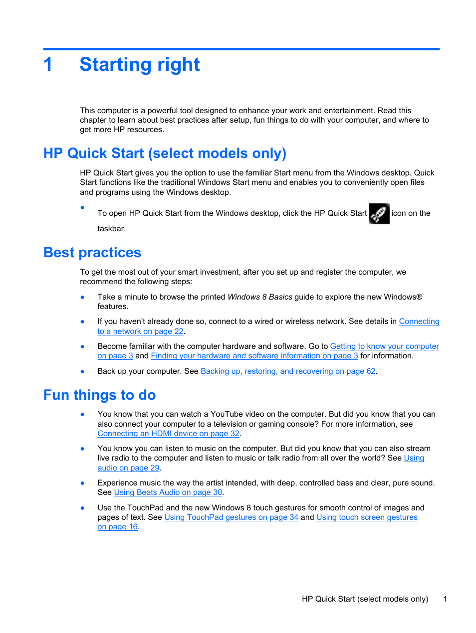 Starting right, Hp quick start (select models only), Best practices | Fun things to do, 1 starting right, 1starting right | HP Split 13-m110ca x2 PC User Manual | Page 11 / 83