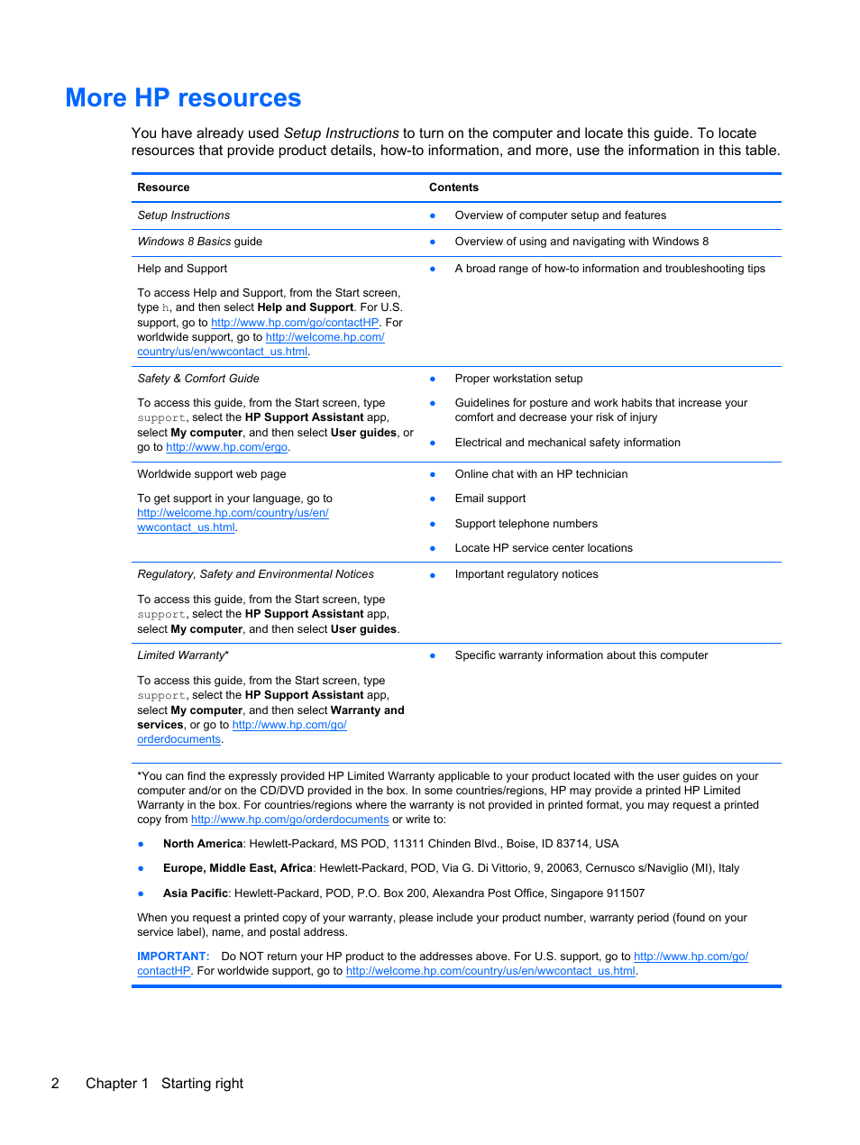More hp resources, 2chapter 1 starting right | HP Split 13-m110ca x2 PC User Manual | Page 12 / 83
