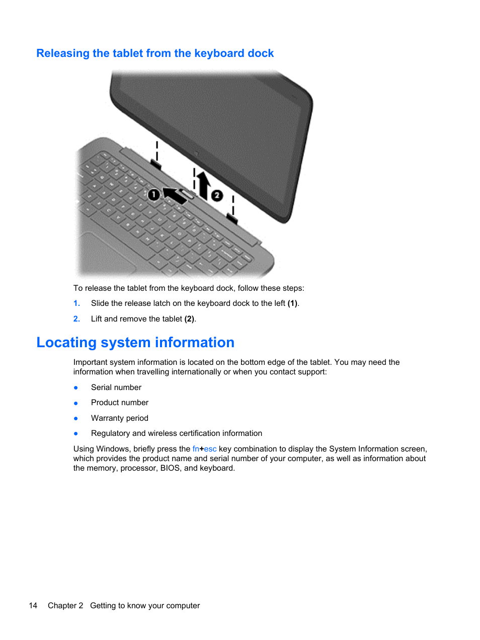Releasing the tablet from the keyboard dock, Locating system information | HP Split 13-m110ca x2 PC User Manual | Page 24 / 83
