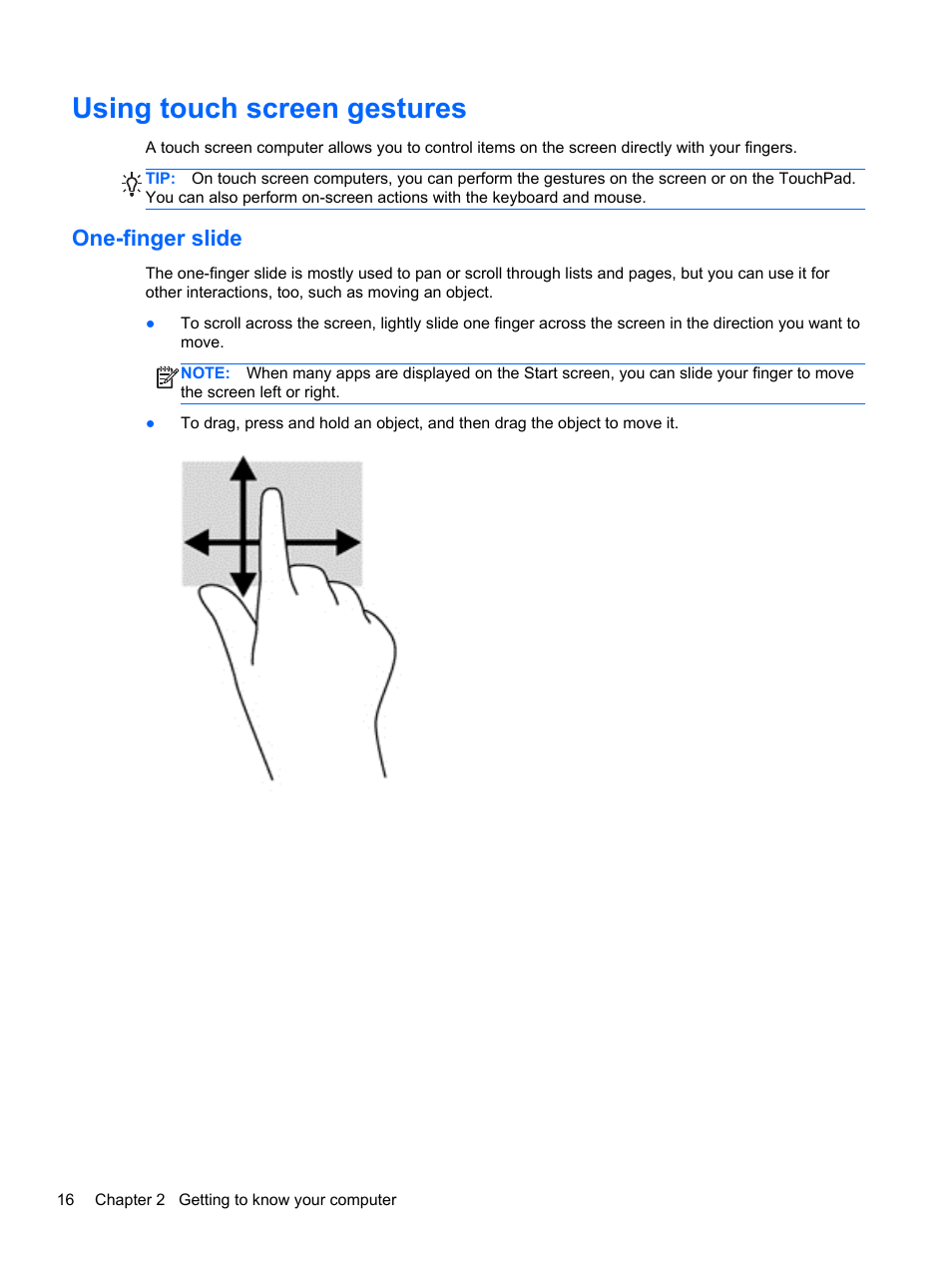 Using touch screen gestures, One-finger slide | HP Split 13-m110ca x2 PC User Manual | Page 26 / 83
