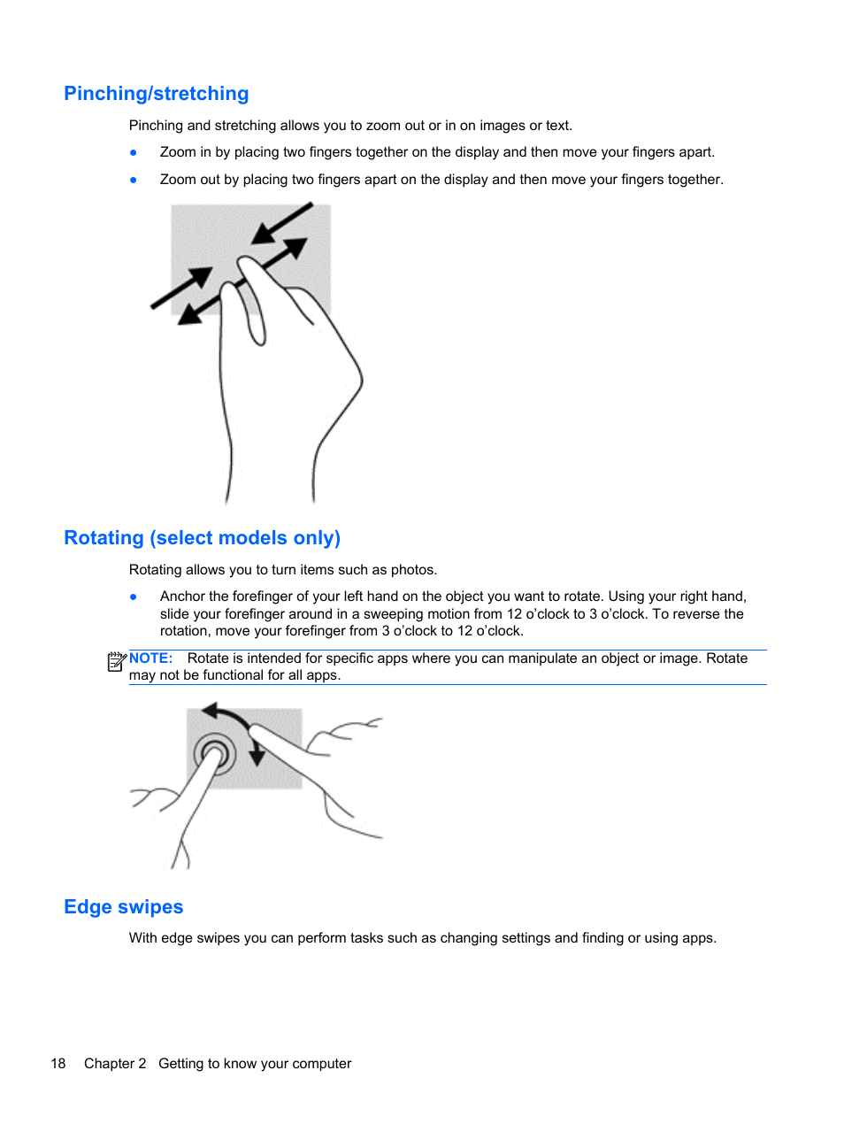 Pinching/stretching, Rotating (select models only), Edge swipes | HP Split 13-m110ca x2 PC User Manual | Page 28 / 83