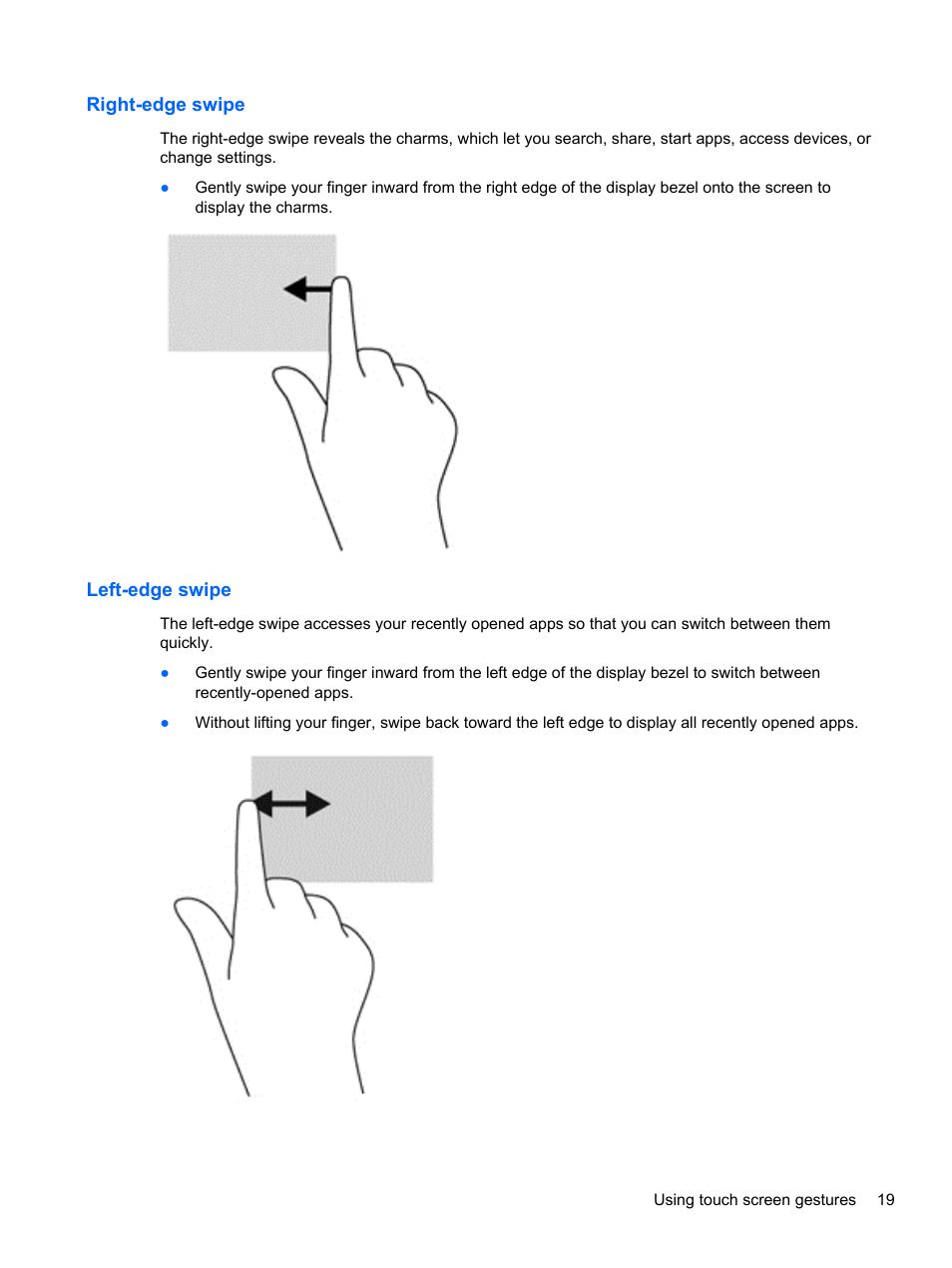 Right-edge swipe, Left-edge swipe, Right-edge swipe left-edge swipe | HP Split 13-m110ca x2 PC User Manual | Page 29 / 83