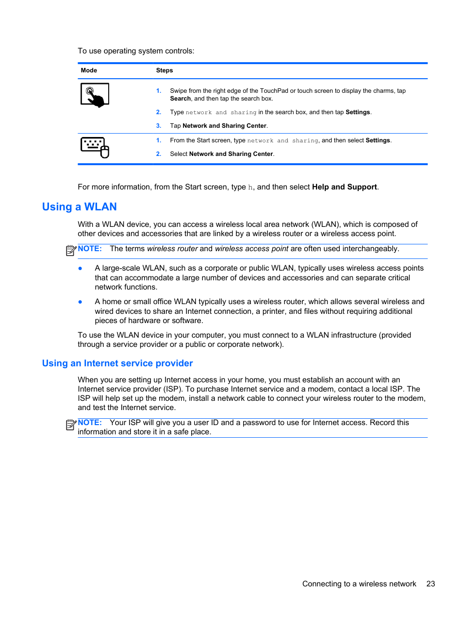 Using a wlan, Using an internet service provider | HP Split 13-m110ca x2 PC User Manual | Page 33 / 83
