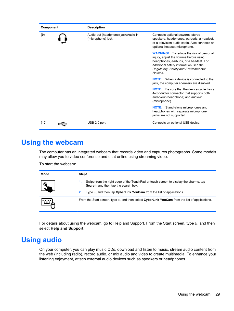 Using the webcam, Using audio, Using the webcam using audio | Using | HP Split 13-m110ca x2 PC User Manual | Page 39 / 83