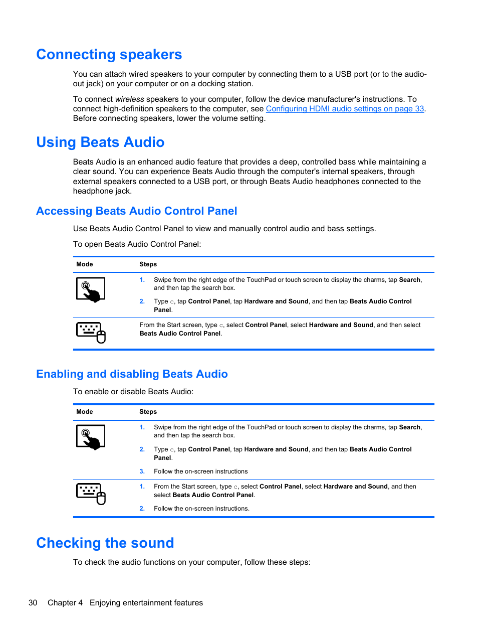 Connecting speakers, Using beats audio, Accessing beats audio control panel | Enabling and disabling beats audio, Checking the sound, Connecting speakers using beats audio | HP Split 13-m110ca x2 PC User Manual | Page 40 / 83