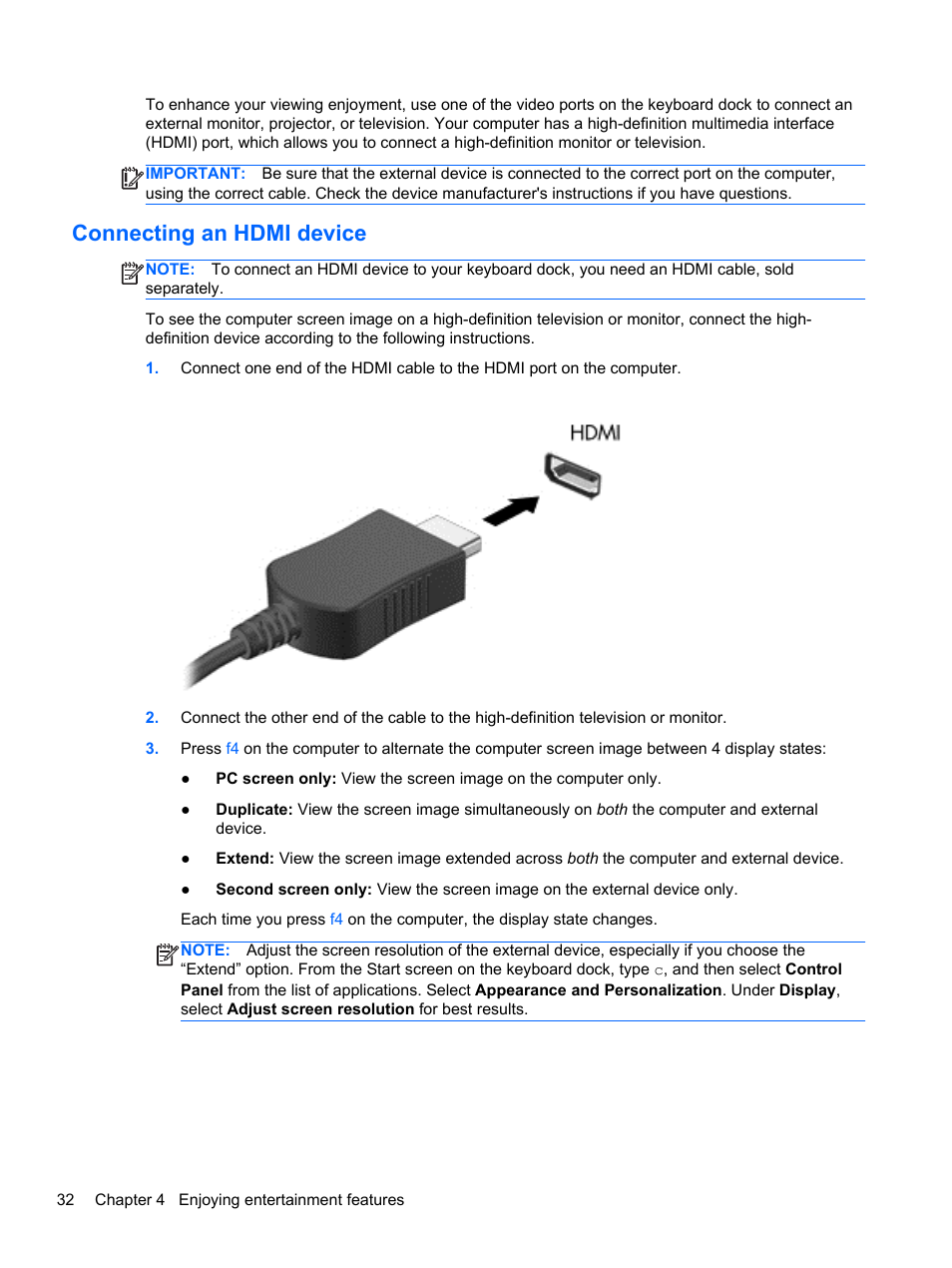 Connecting an hdmi device | HP Split 13-m110ca x2 PC User Manual | Page 42 / 83