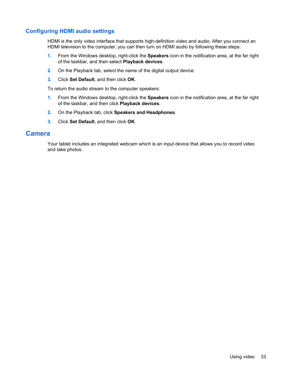 Configuring hdmi audio settings, Camera | HP Split 13-m110ca x2 PC User Manual | Page 43 / 83