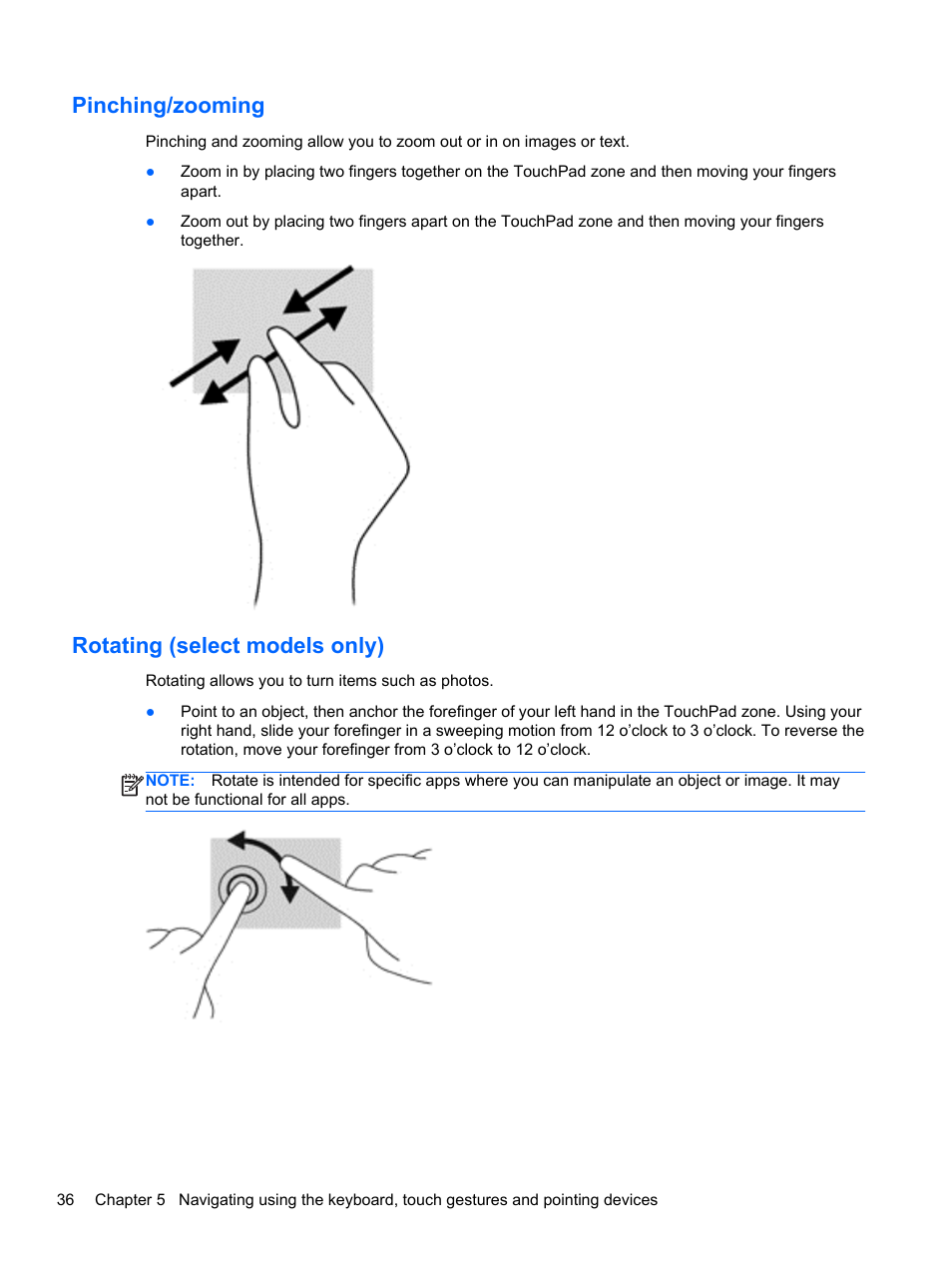 Pinching/zooming, Rotating (select models only), Pinching/zooming rotating (select models only) | HP Split 13-m110ca x2 PC User Manual | Page 46 / 83
