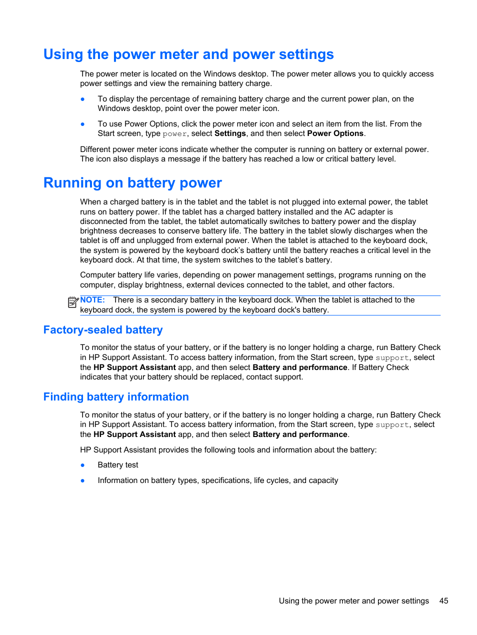 Using the power meter and power settings, Running on battery power, Factory-sealed battery | Finding battery information, Factory-sealed battery finding battery information | HP Split 13-m110ca x2 PC User Manual | Page 55 / 83