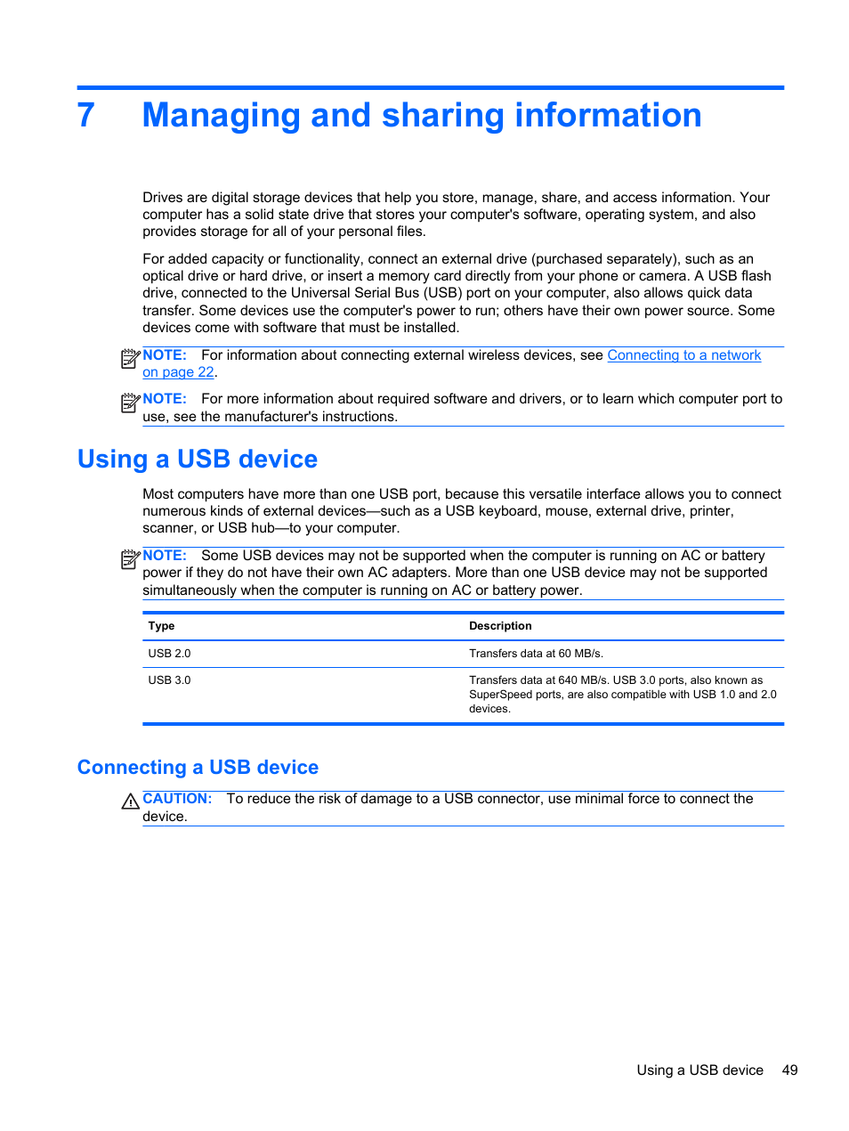 Managing and sharing information, Using a usb device, Connecting a usb device | 7 managing and sharing information, Ports, see, Using, 7managing and sharing information | HP Split 13-m110ca x2 PC User Manual | Page 59 / 83