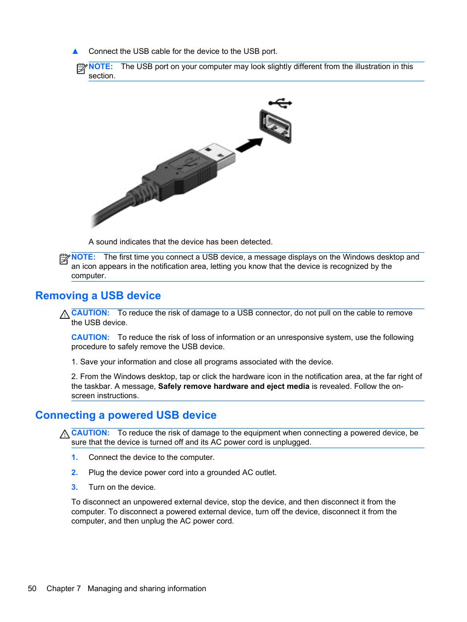 Removing a usb device, Connecting a powered usb device | HP Split 13-m110ca x2 PC User Manual | Page 60 / 83