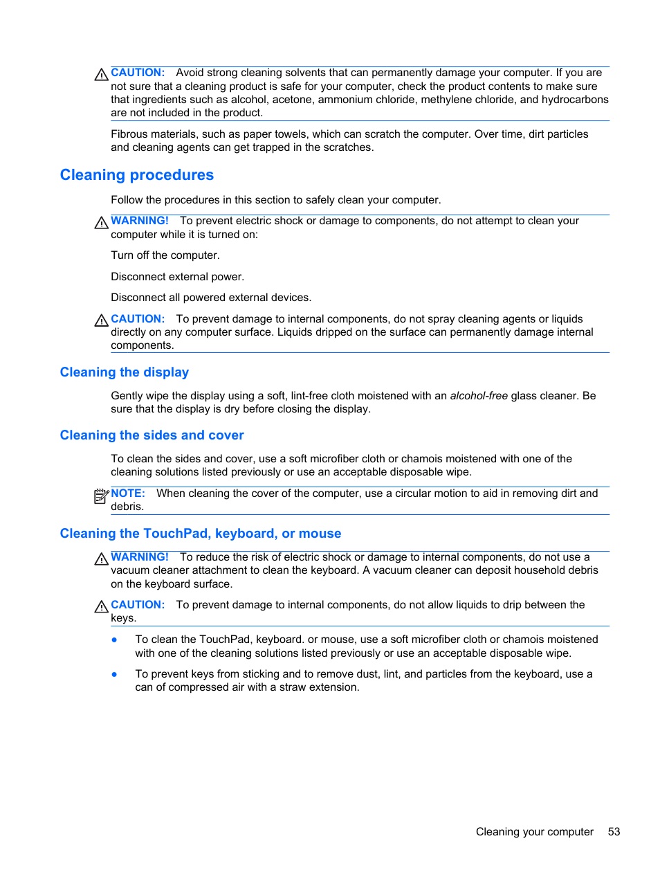 Cleaning procedures, Cleaning the display, Cleaning the sides and cover | Cleaning the touchpad, keyboard, or mouse | HP Split 13-m110ca x2 PC User Manual | Page 63 / 83