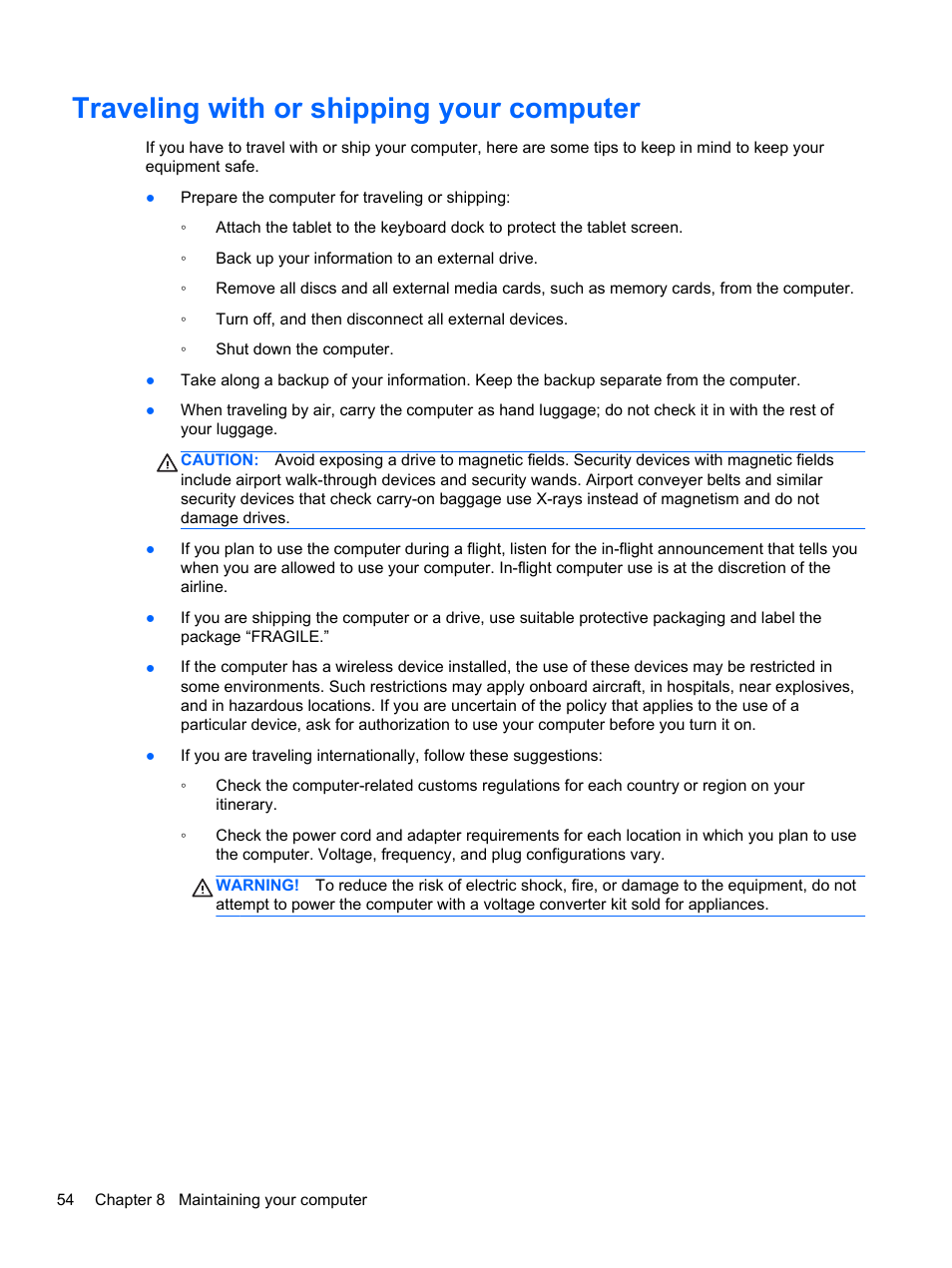 Traveling with or shipping your computer | HP Split 13-m110ca x2 PC User Manual | Page 64 / 83