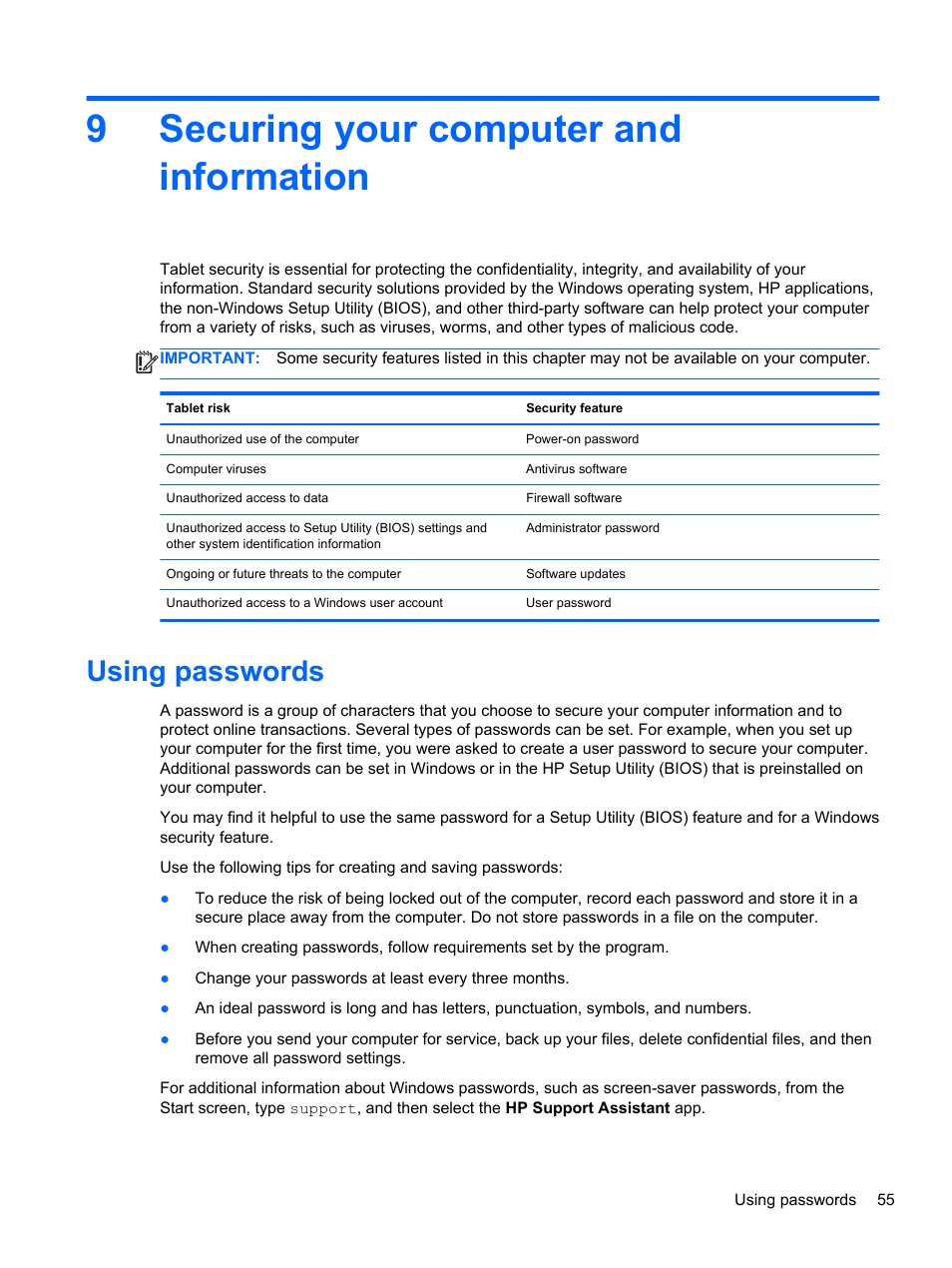 Securing your computer and information, Using passwords, 9 securing your computer and information | 9securing your computer and information | HP Split 13-m110ca x2 PC User Manual | Page 65 / 83