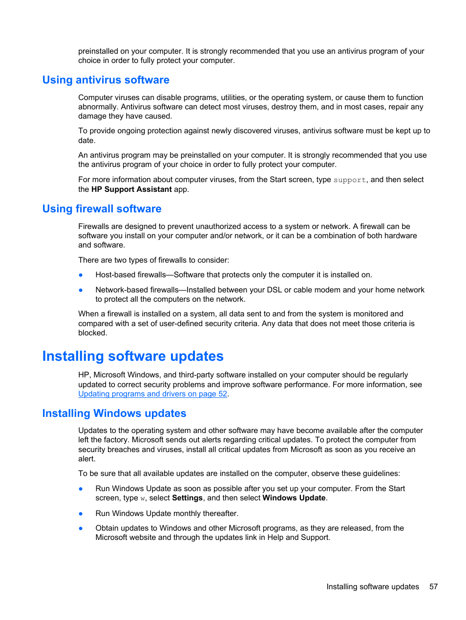 Using antivirus software, Using firewall software, Installing software updates | Installing windows updates, Using antivirus software using firewall software | HP Split 13-m110ca x2 PC User Manual | Page 67 / 83