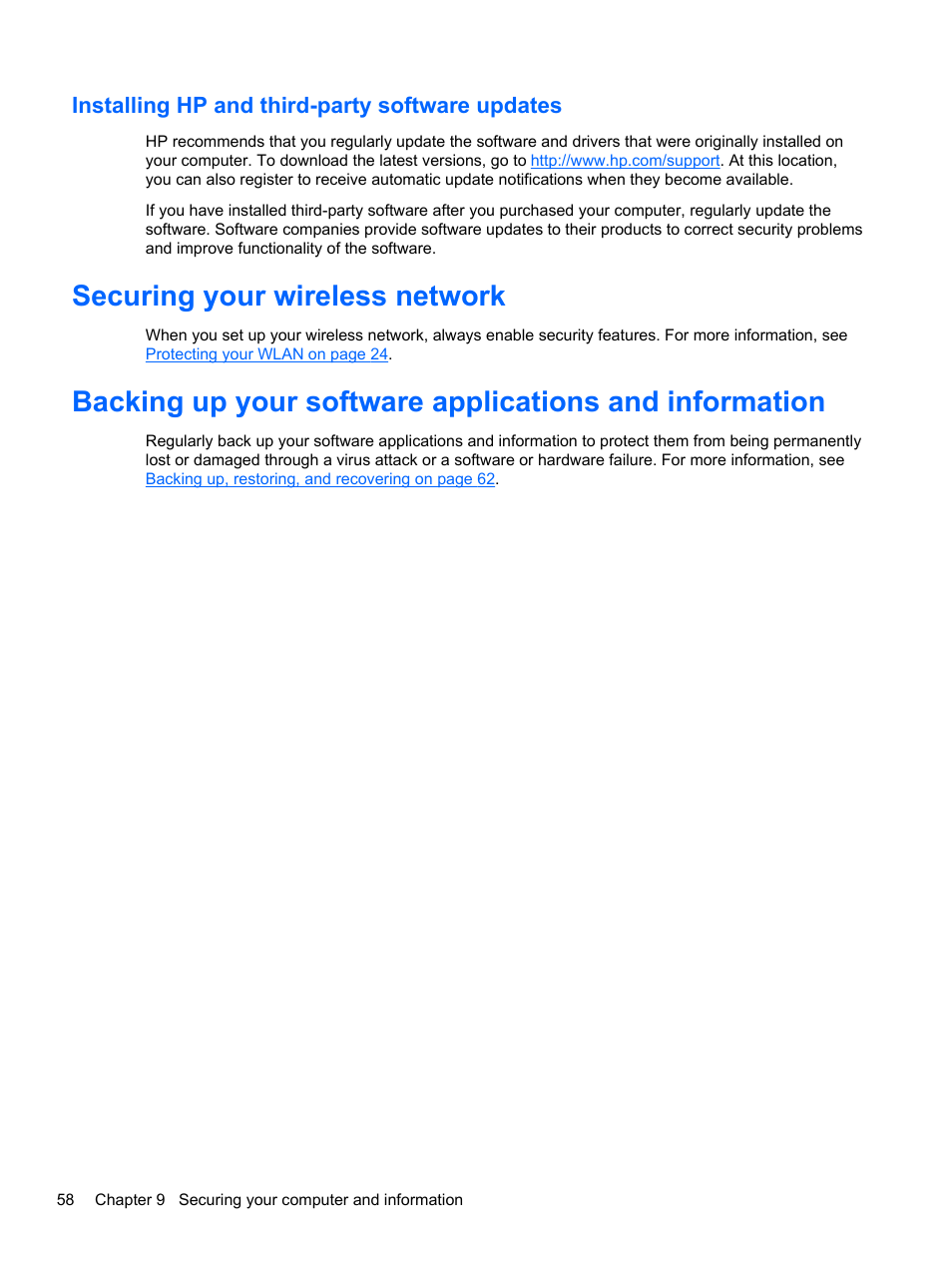 Installing hp and third-party software updates, Securing your wireless network | HP Split 13-m110ca x2 PC User Manual | Page 68 / 83