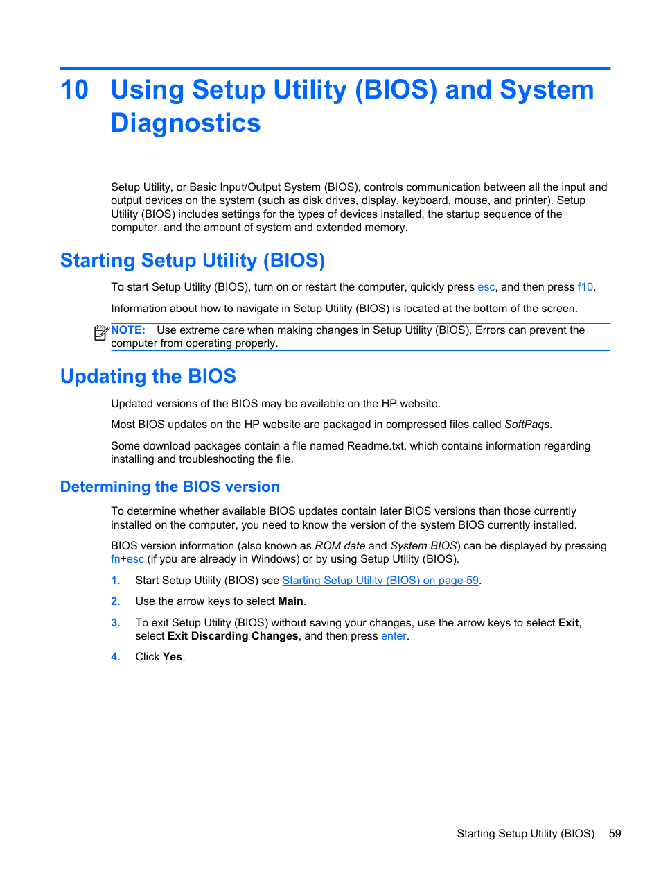 Using setup utility (bios) and system diagnostics, Starting setup utility (bios), Updating the bios | Determining the bios version, Starting setup utility (bios) updating the bios | HP Split 13-m110ca x2 PC User Manual | Page 69 / 83