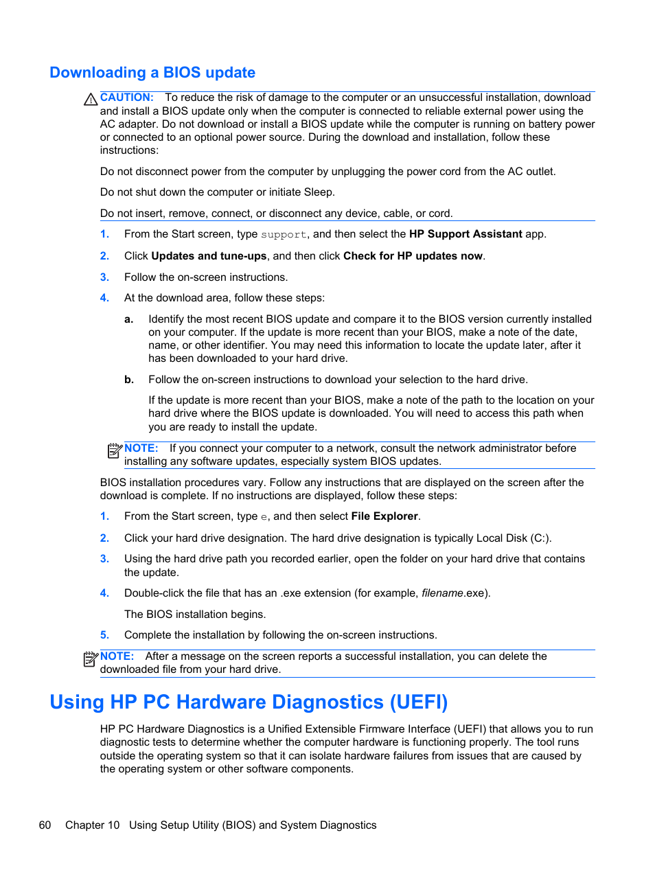 Downloading a bios update, Using hp pc hardware diagnostics (uefi) | HP Split 13-m110ca x2 PC User Manual | Page 70 / 83