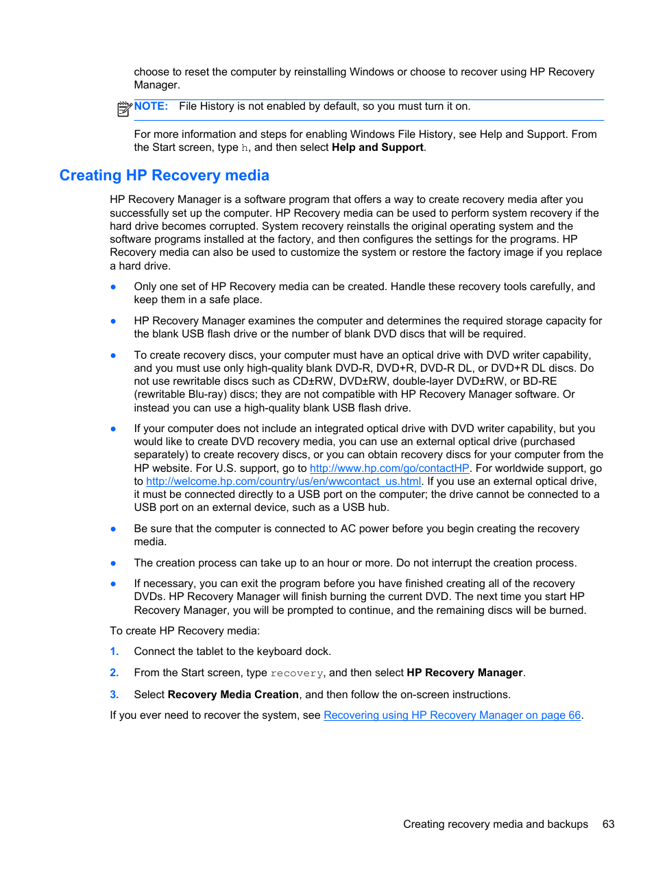 Creating hp recovery media | HP Split 13-m110ca x2 PC User Manual | Page 73 / 83