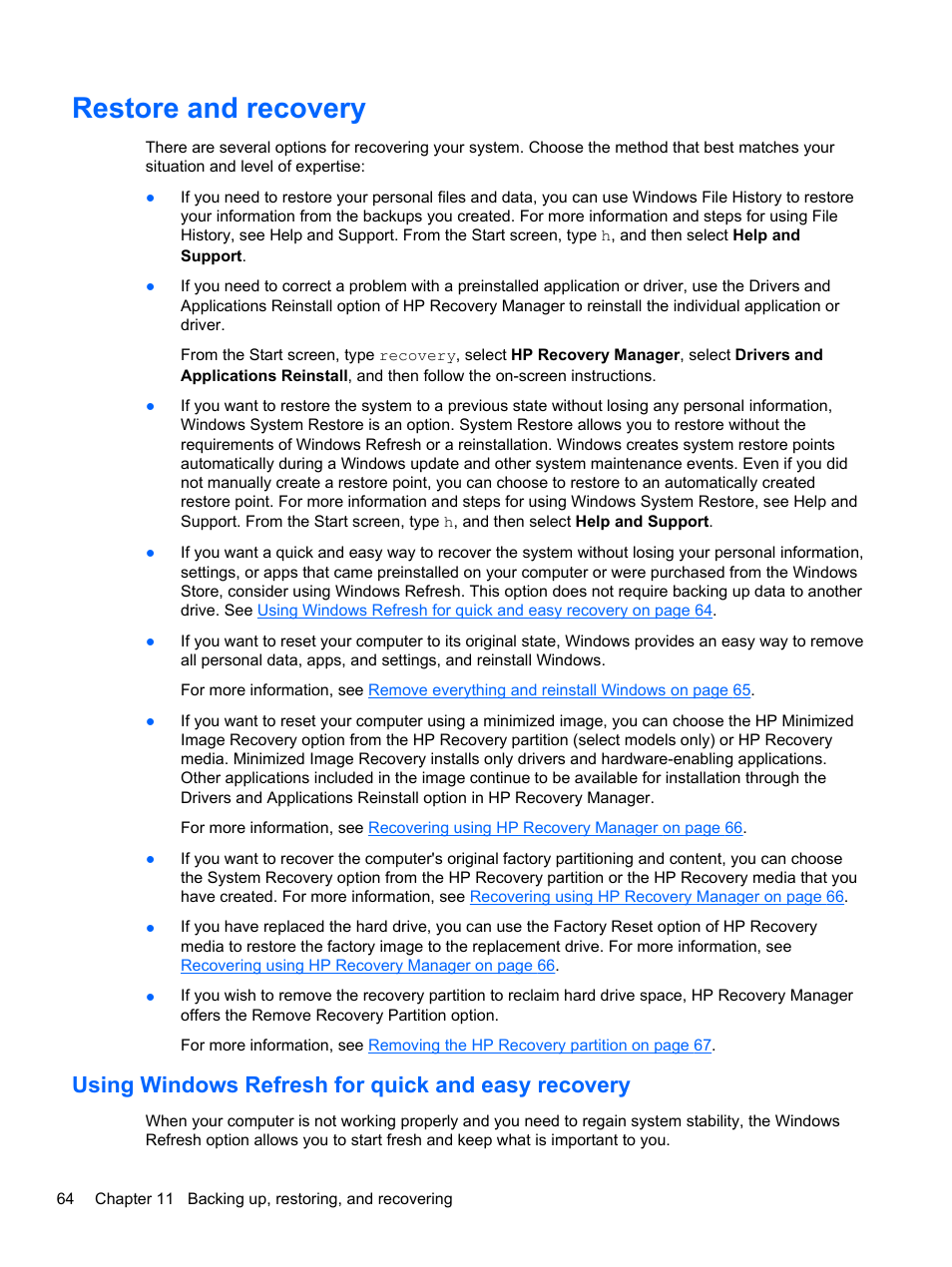 Restore and recovery, Using windows refresh for quick and easy recovery | HP Split 13-m110ca x2 PC User Manual | Page 74 / 83