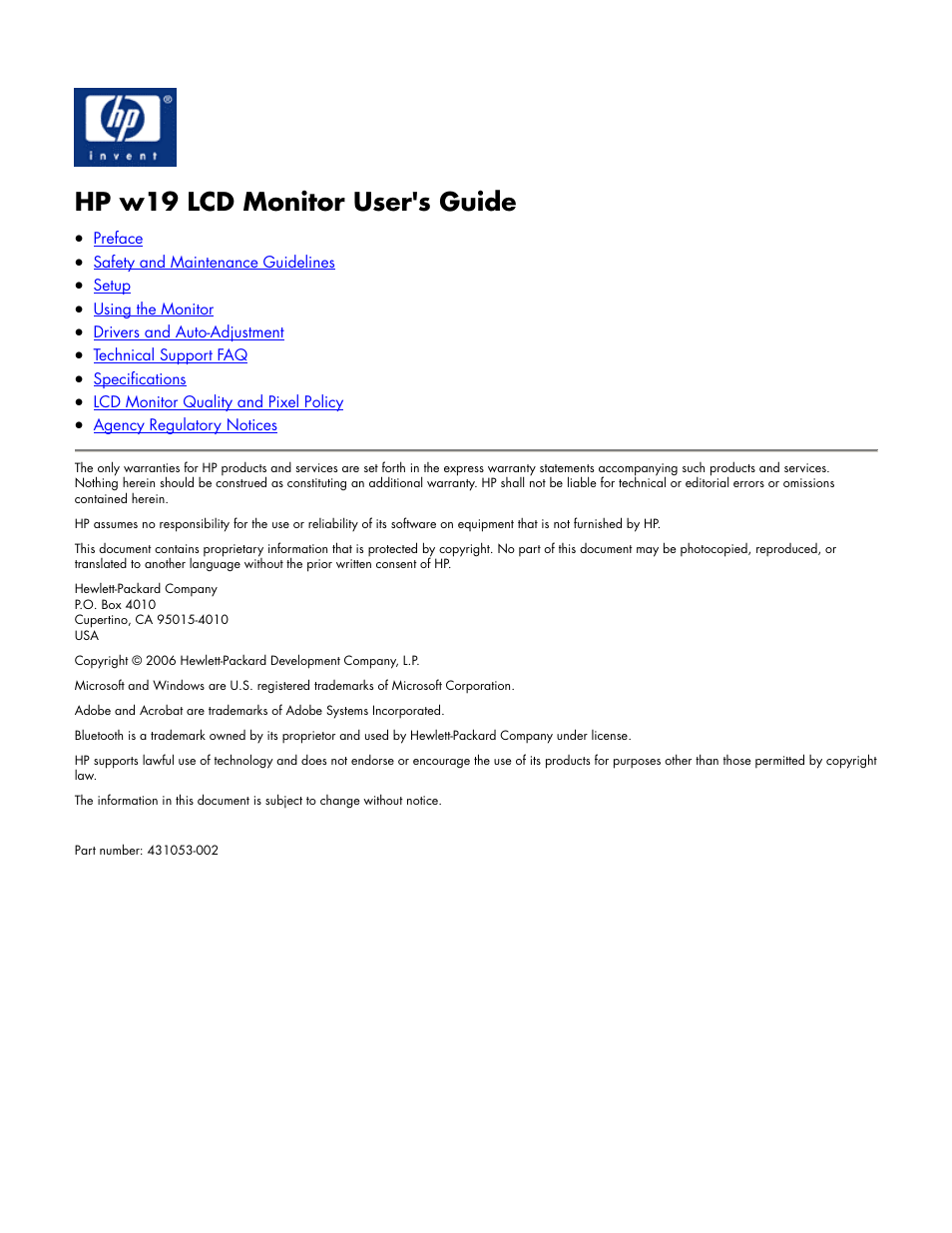 HP w19 19 inch LCD Monitor User Manual | 22 pages