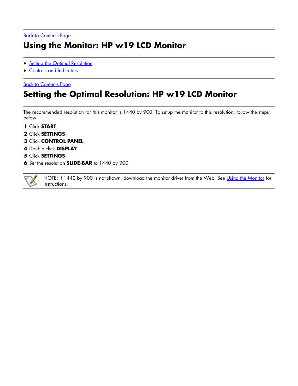 Using the monitor: hp w19 lcd monitor, Setting the optimal resolution: hp w19 lcd monitor, Using the monitor | HP w19 19 inch LCD Monitor User Manual | Page 11 / 22